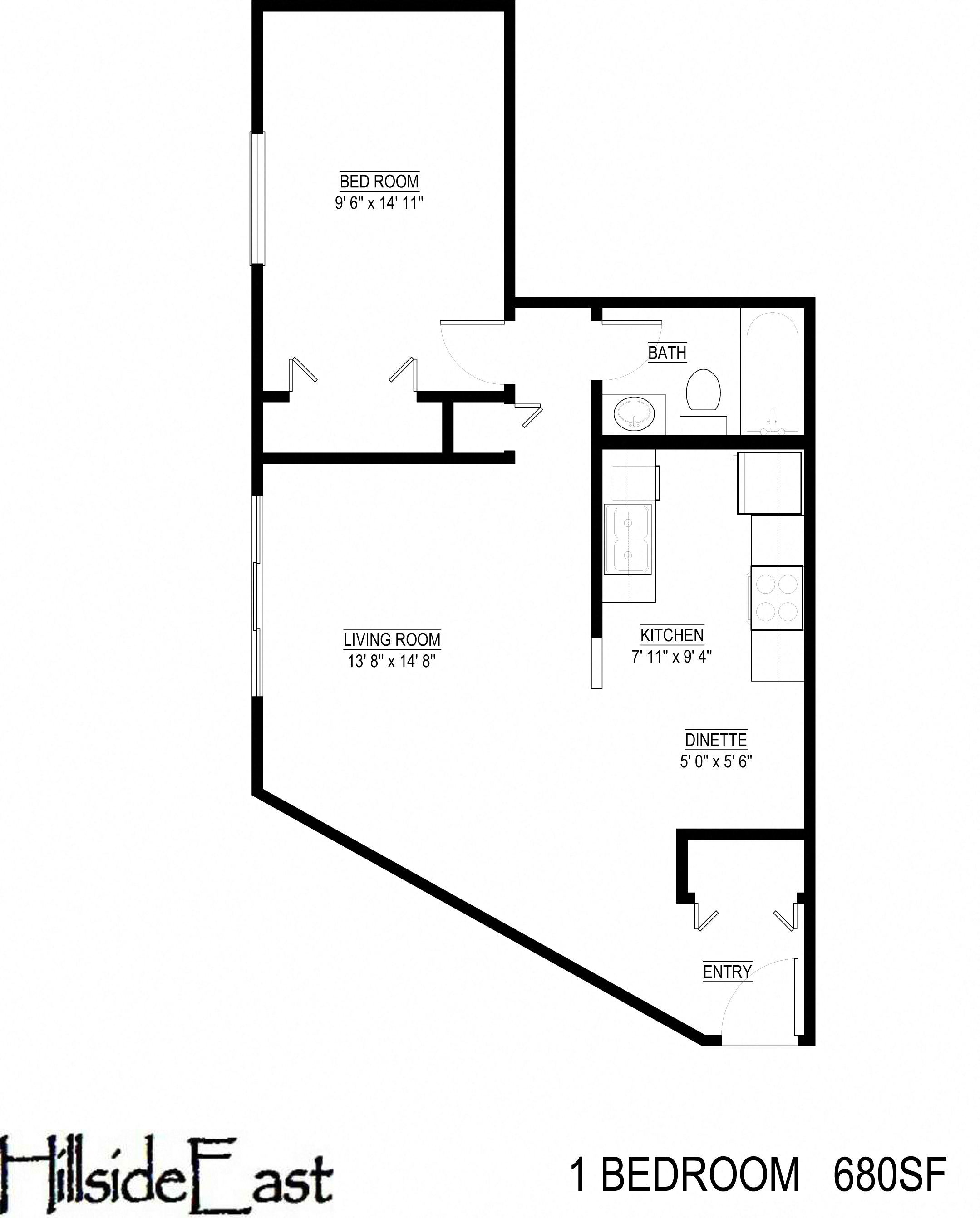 Floor plan for 1 bed, 1 bath, 700 sqft